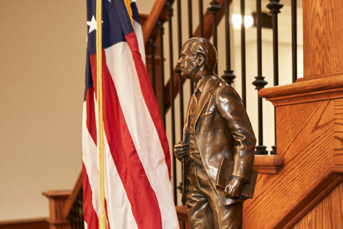 A statue of President Gerald R. Ford in the Ludington Center.