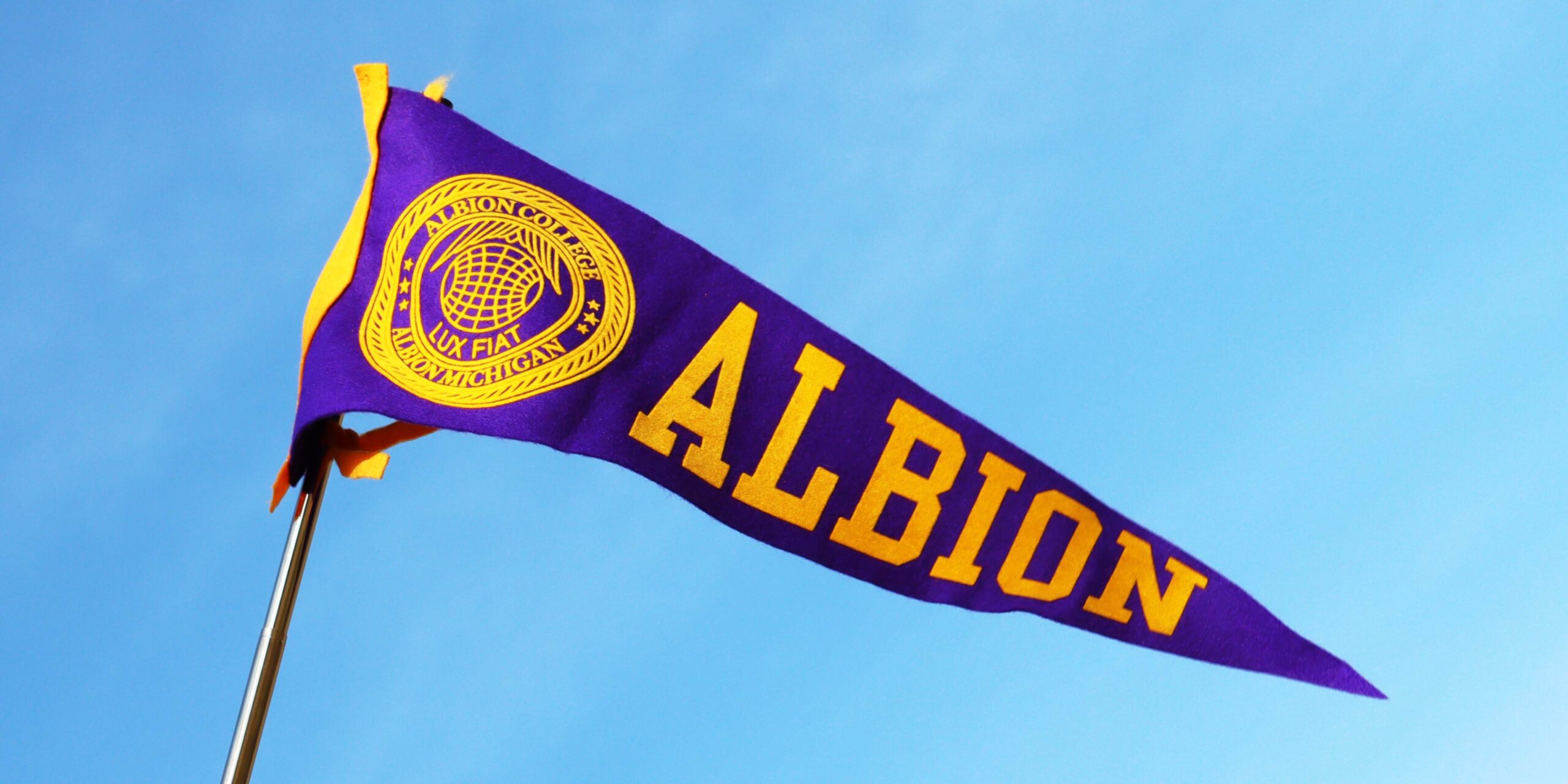 Purple Albion pennant against a blue sky backdrop.