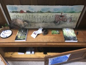 Whitehouse Nature Center Spiritual Supply Cabinet, a wooden cabinet with two rectangular doors. On top are books about spirituality and nature, a singing bowl, and cards. Inside, one can see sacred texts and a prayer rug. 