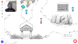 Screenshot of the entrance to the Topia world, a white background with images of a gate, boulder, bookcase, and path with some vegetation. Laura's video window is in the top left, and her avatar is a small red person. 